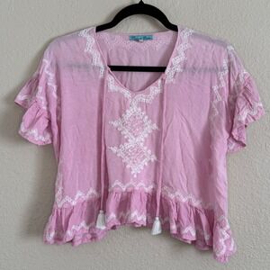 Fleur de Pirate Pink Embroidered Cotton Boho Festival Top Ruffle Size 6 Indie